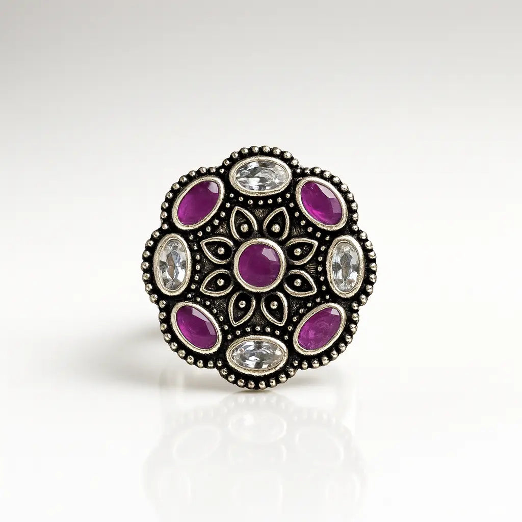 Majestic Blossom — 925 Oxidised Silver Ruby Rings for Timeless Elegance
