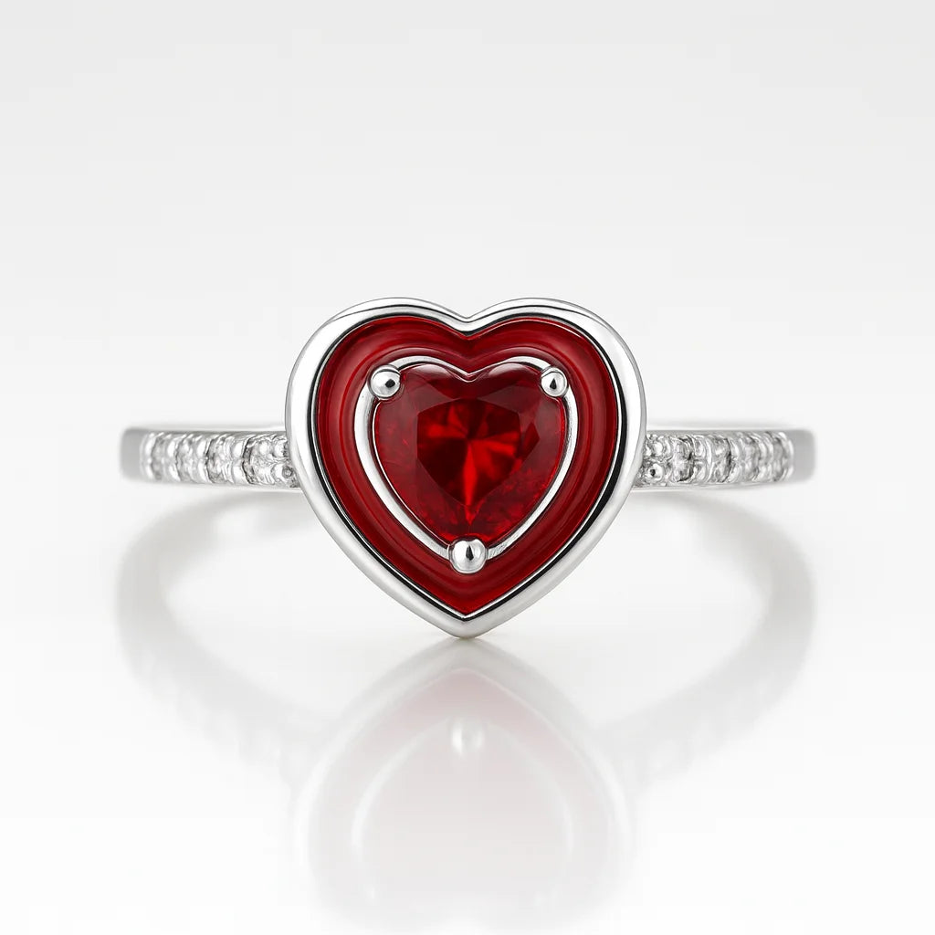 Crimson Heart Echo — 925 Silver Ruby Enamel Diamond Rings for Love That Never Fades
