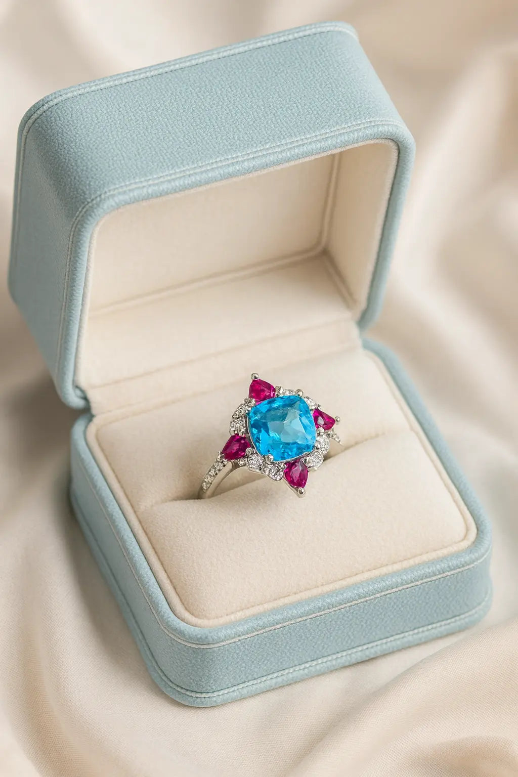 Oceanic — 925 Silver Rings with Blue Topaz & Ruby Elegance