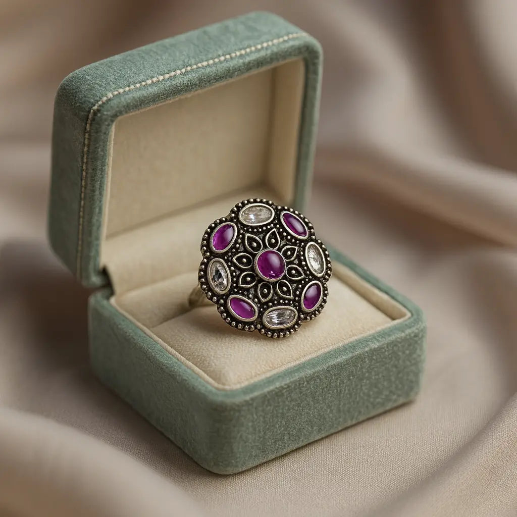 Majestic Blossom — 925 Oxidised Silver Ruby Rings for Timeless Elegance