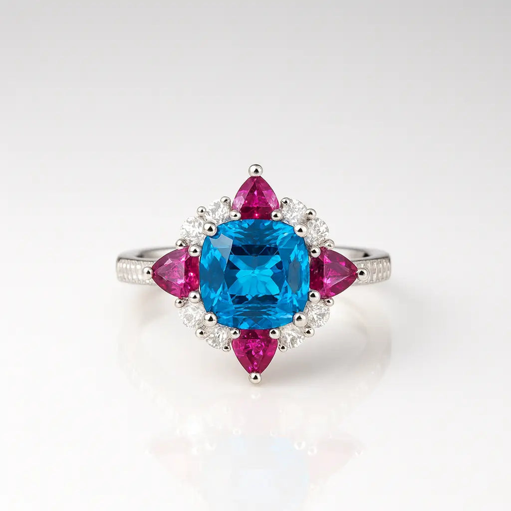 Oceanic — 925 Silver Rings with Blue Topaz & Ruby Elegance