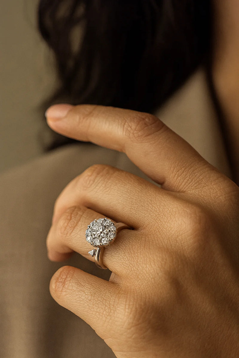 Eternal Radiance Bloom — 925 Silver Diamond Halo Rings for Promises in Full Light
