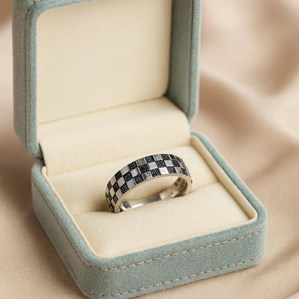 Midnight Checkmate Glory — Oxidised 925 Silver Statement Rings for Bold Souls