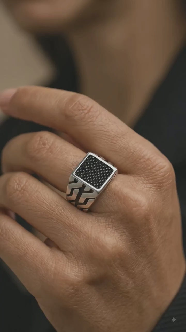 Obsidian Grid Vanguard — 925 Oxidised Silver Black Stone Rings for Quiet Command