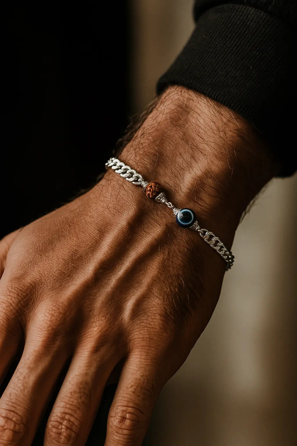 Premium Silver 100% Original Rudraksha Evil Eye Protection Bracelet – Men’s Spiritual Wristwear