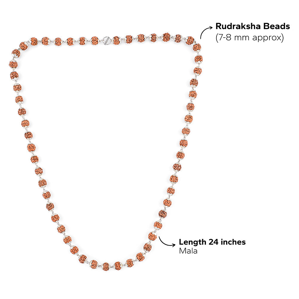 925 Sterling Silver Capped Rudraksha Mala | 5 Mukhi Rudraksh Mala with Silver Caps | Certified Spiritual Japa Mala for Meditation & Prayer