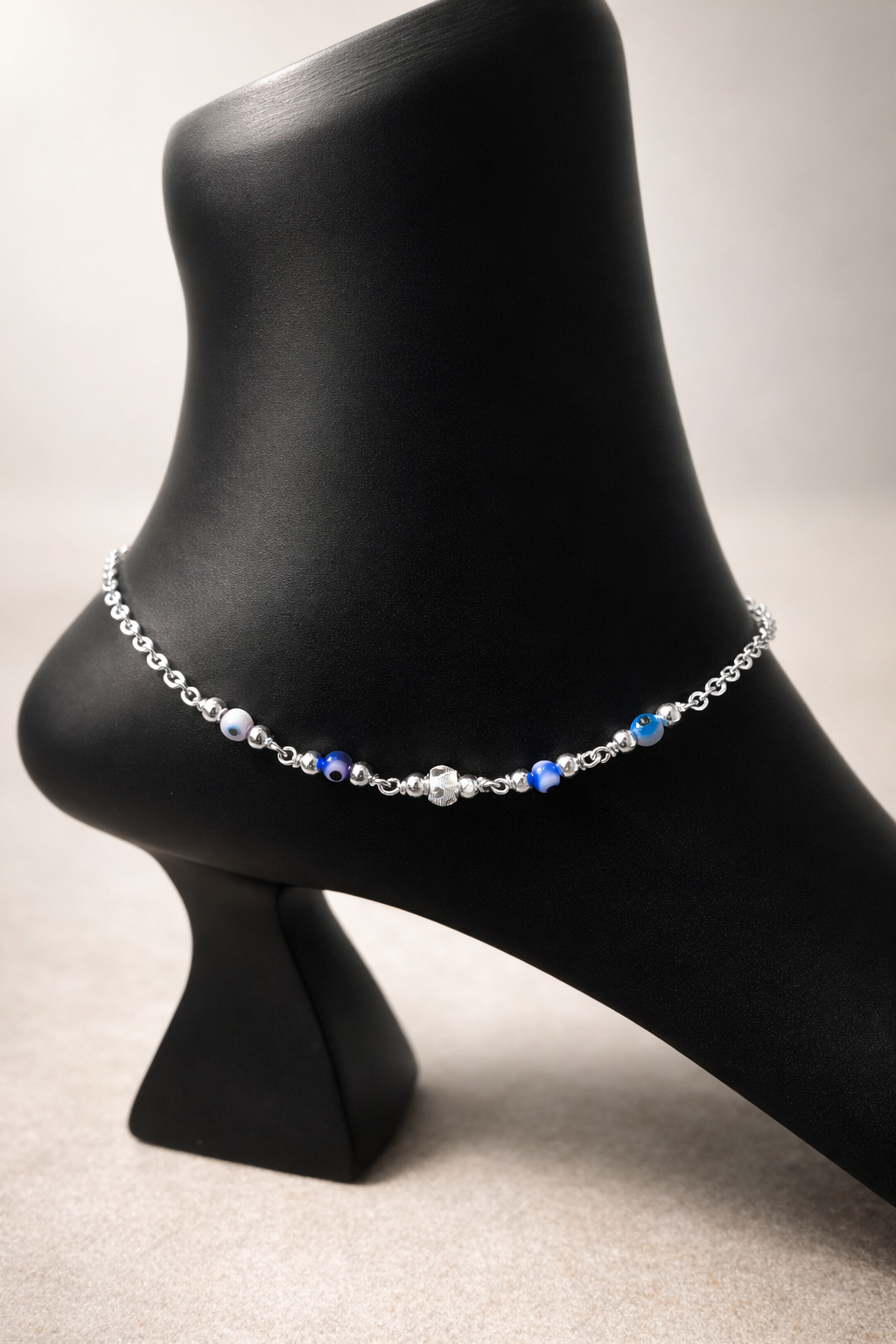 Ocean Murmur Silver Anklet with Blue Beads – A Tranquil Talisman for Every Step