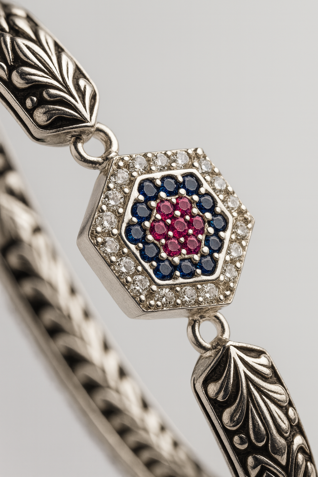 Premium 925 Sterling Silver Vintage Floral Bracelet with Ruby Blue Stone Hexagon Charm for Women