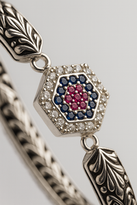 Premium 925 Sterling Silver Vintage Floral Bracelet with Ruby Blue Stone Hexagon Charm for Women