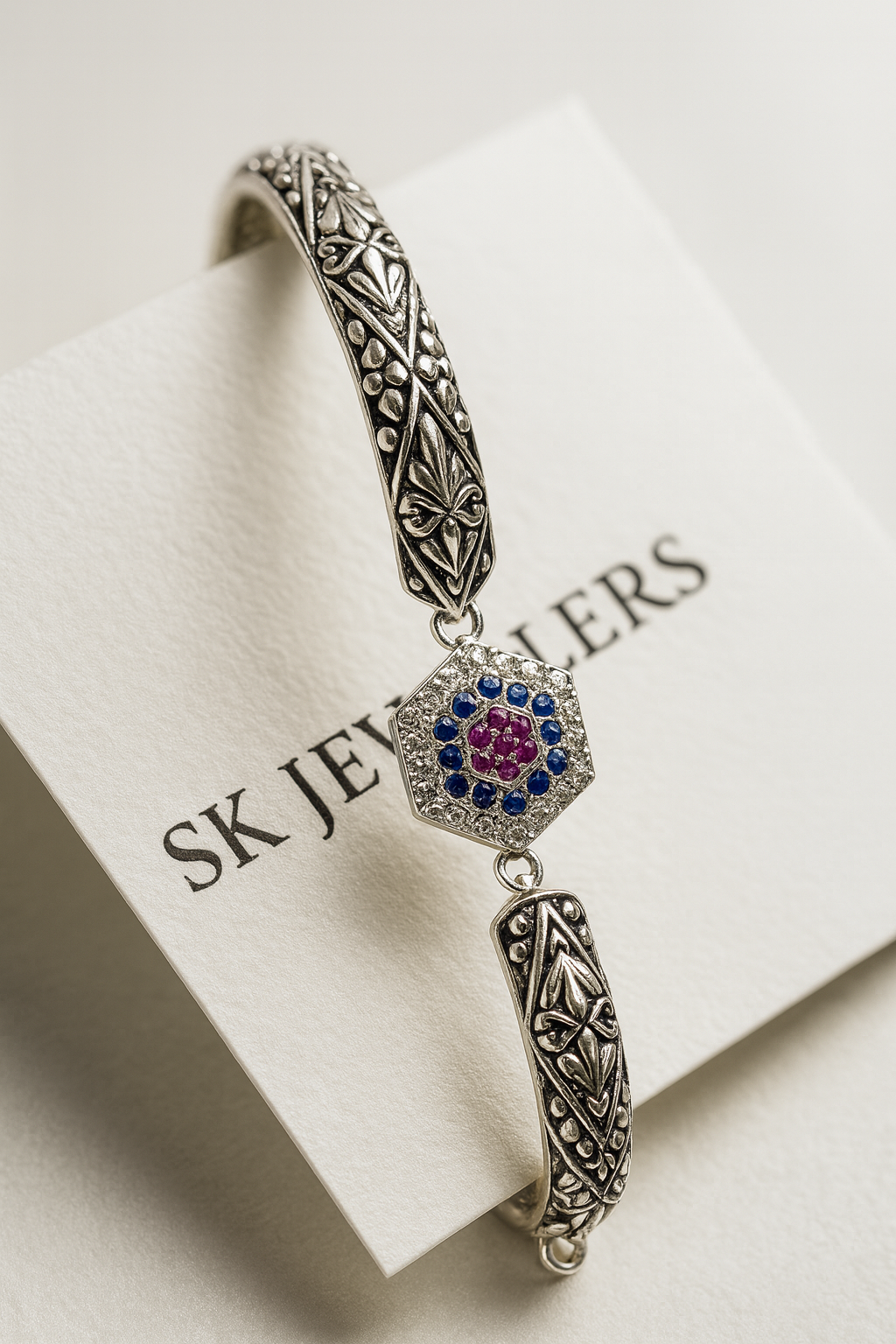 Premium 925 Sterling Silver Vintage Floral Bracelet with Ruby Blue Stone Hexagon Charm for Women