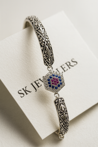 Premium 925 Sterling Silver Vintage Floral Bracelet with Ruby Blue Stone Hexagon Charm for Women