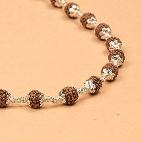 925 Sterling Silver Capped Rudraksha Mala | 5 Mukhi Rudraksh Mala with Silver Caps | Certified Spiritual Japa Mala for Meditation & Prayer