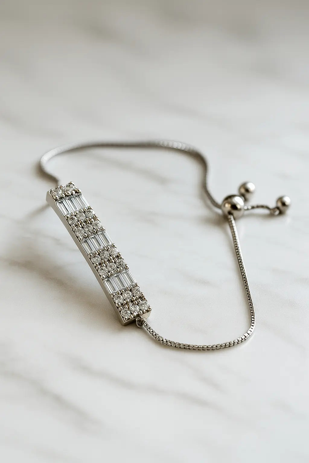 Pure 925 Silver Baguette & Solitaire Adjustable Bracelet – Luxury Sparkling Bar Design