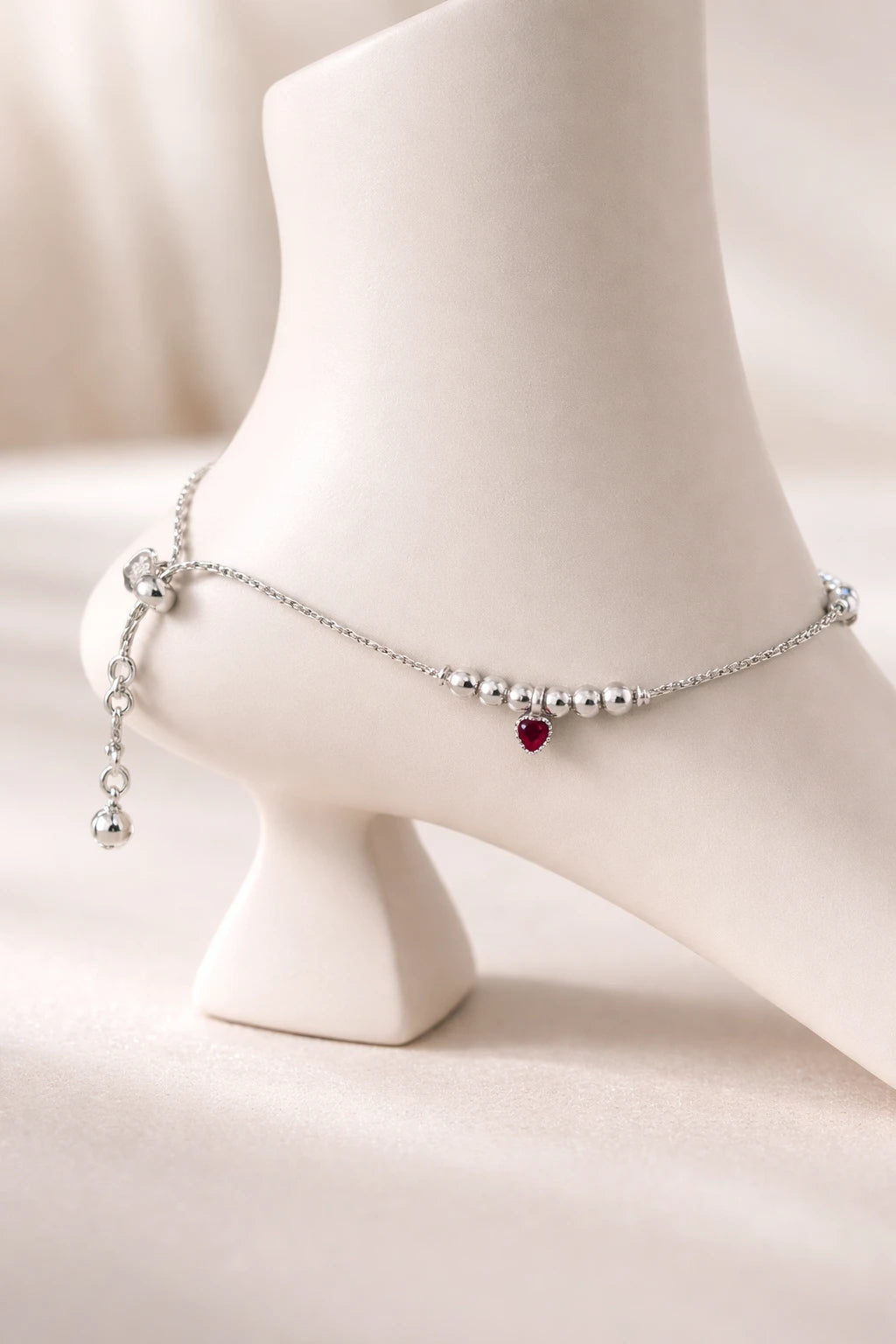 Crimson Heartbeat Beaded Silver Anklet – A Delicate Promise in Every Step