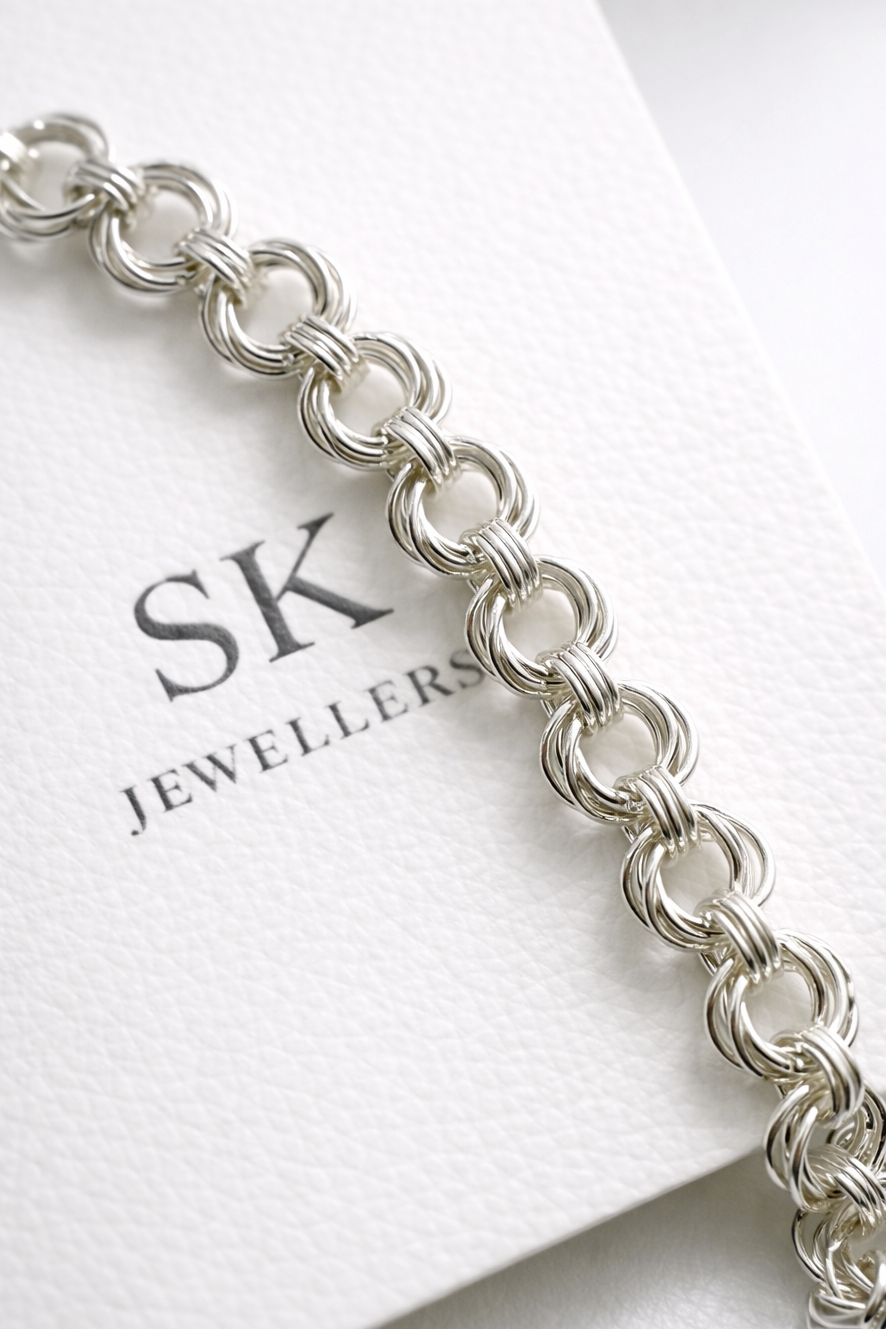 High quality Silver Multi Ring Link Bracelet – Handmade Polished Statement