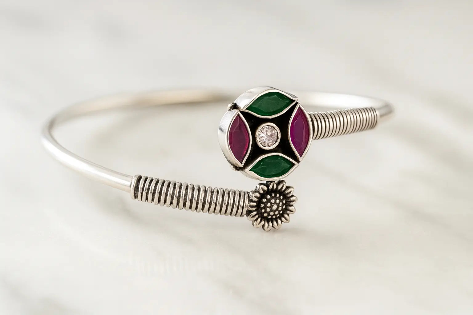 Vintage-Inspired 925 Sterling Silver Open Bangle with Floral Motif & Green–Pink Enamel Detailing