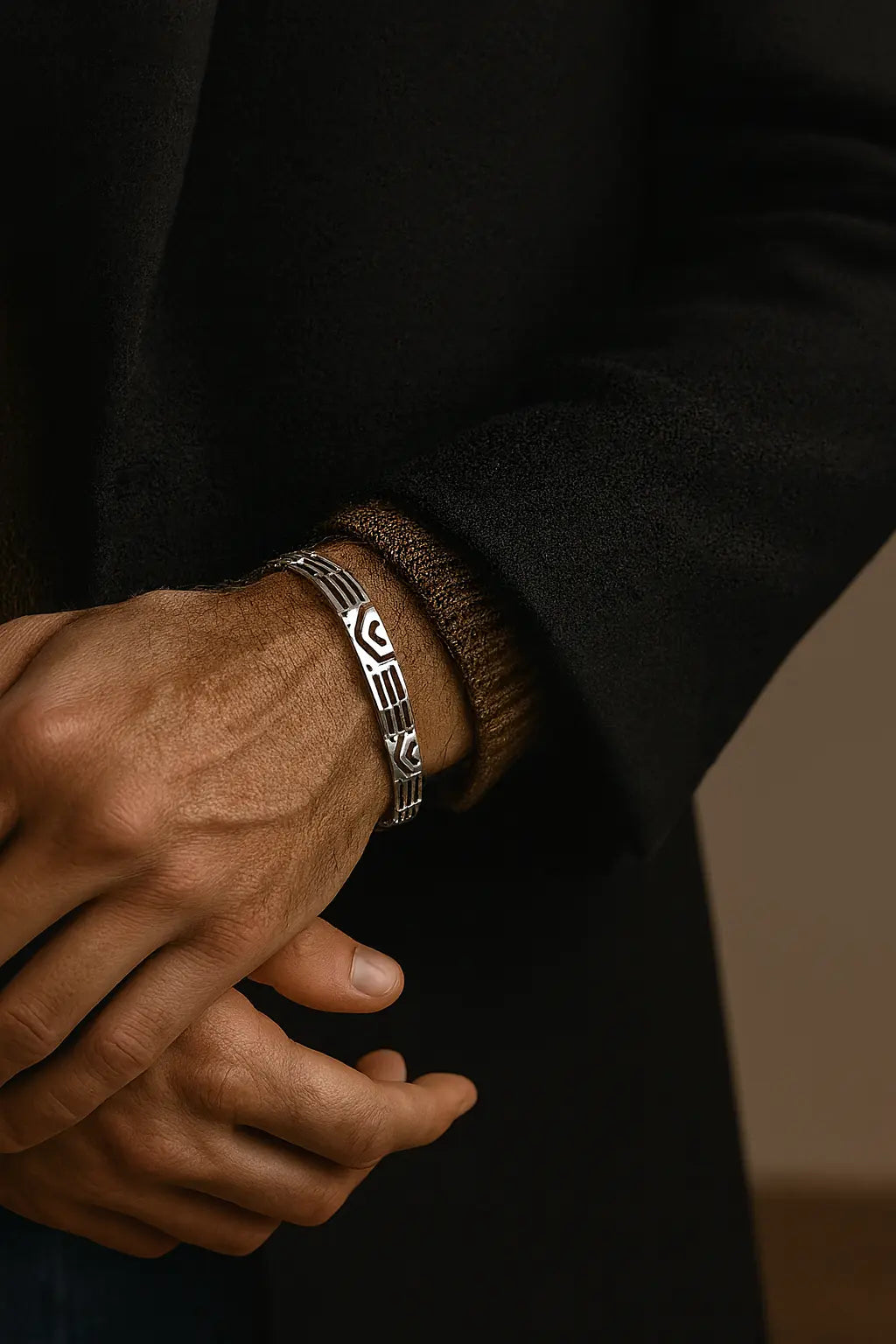 925 Sterling Silver Geometric Cuff Bracelet for Men – Handcrafted Minimal Luxury