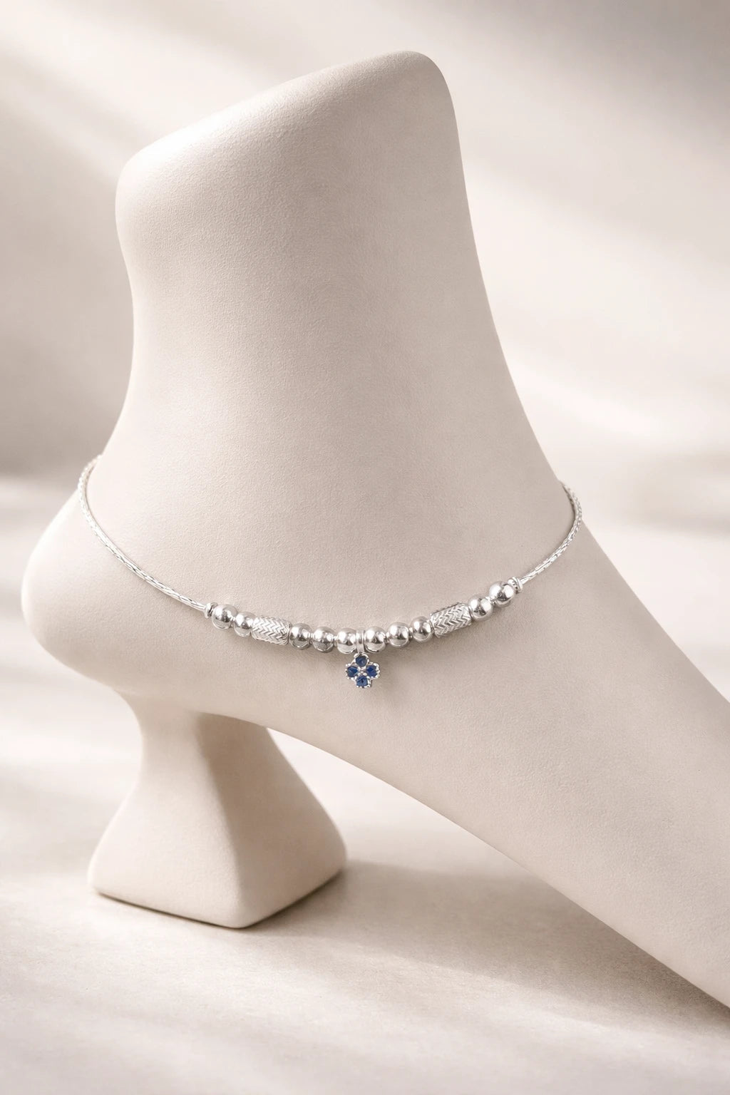 Blue Blossom Whisper Silver Anklet – Beaded Charm for Poised, Everyday Shine