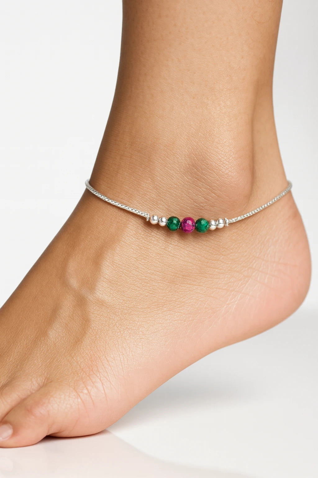 Aurora Tranquil Beaded Silver Pair of Anklet – Triple Hue Charms for Serene Grace