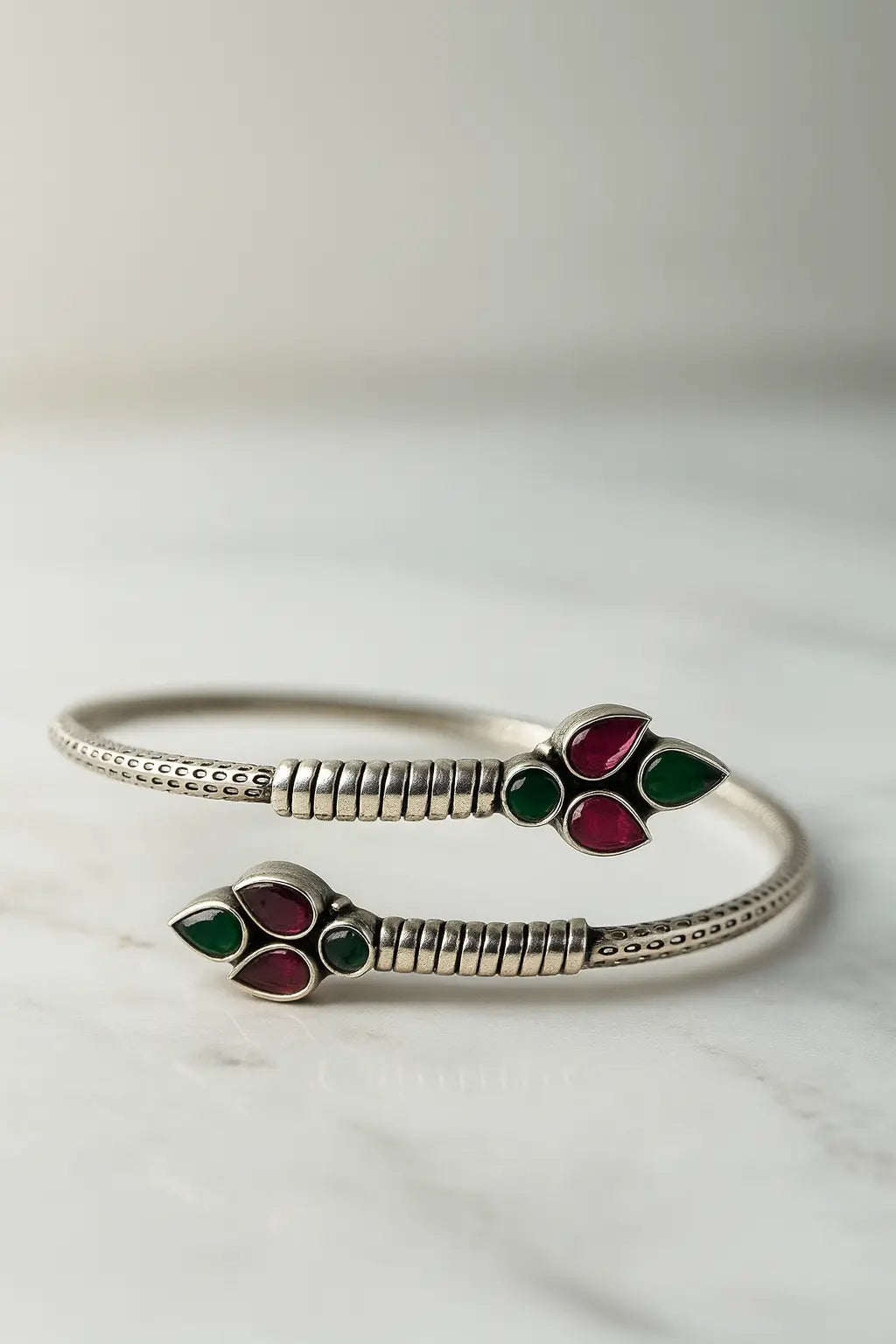 Pure 925 Silver Adjustable Bracelet with Dual Floral Ruby-Green Stone Motifs