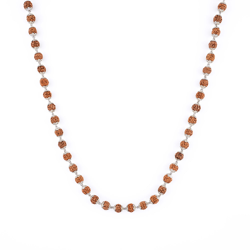 925 Sterling Silver Capped Rudraksha Mala | 5 Mukhi Rudraksh Mala with Silver Caps | Certified Spiritual Japa Mala for Meditation & Prayer