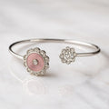 Pure 925 Silver Floral Open Bracelet with Pink Enamel & Sparkling Crystal Petals