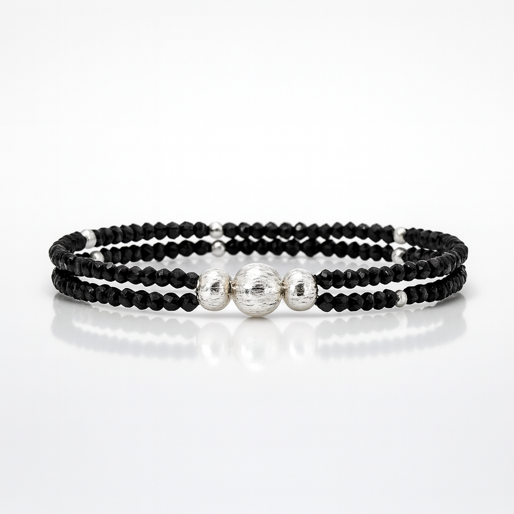 Premium 925 Sterling Silver Triple Bead Black Spinel Double Strand Bracelet for Women & Men