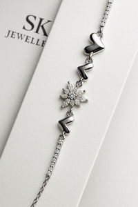 Premium 925 Sterling Silver Heart & Floral CZ Bracelet for Women | Elegant Adjustable Luxury Bracelet