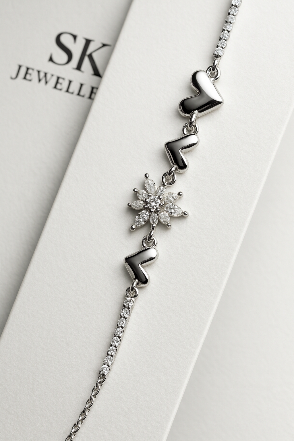 Premium 925 Sterling Silver Heart & Floral CZ Bracelet for Women | Elegant Adjustable Luxury Bracelet