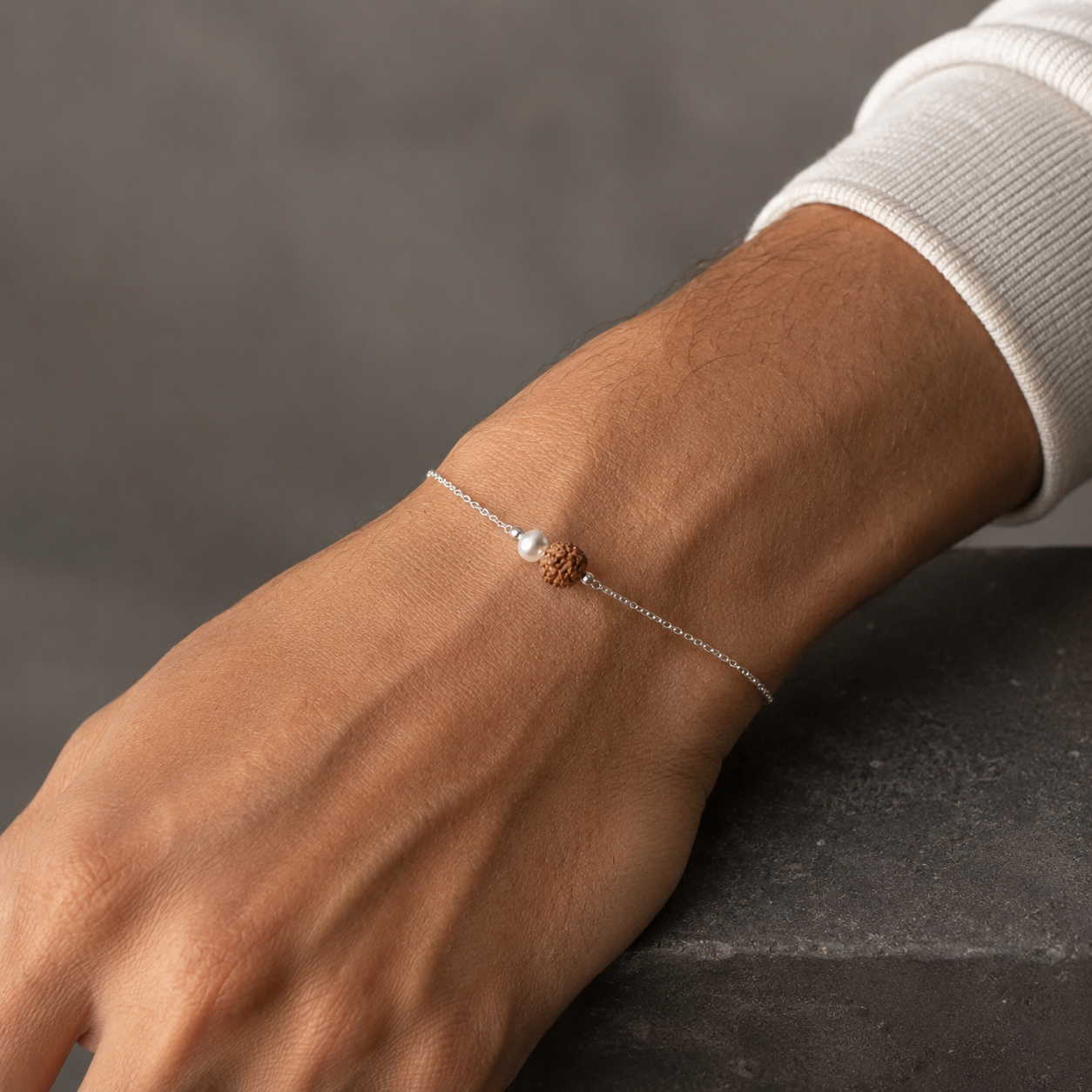 Silver Water Pearl & 5 Mukhi Rudraksh Bracelet | Minimal Spiritual Bracelet