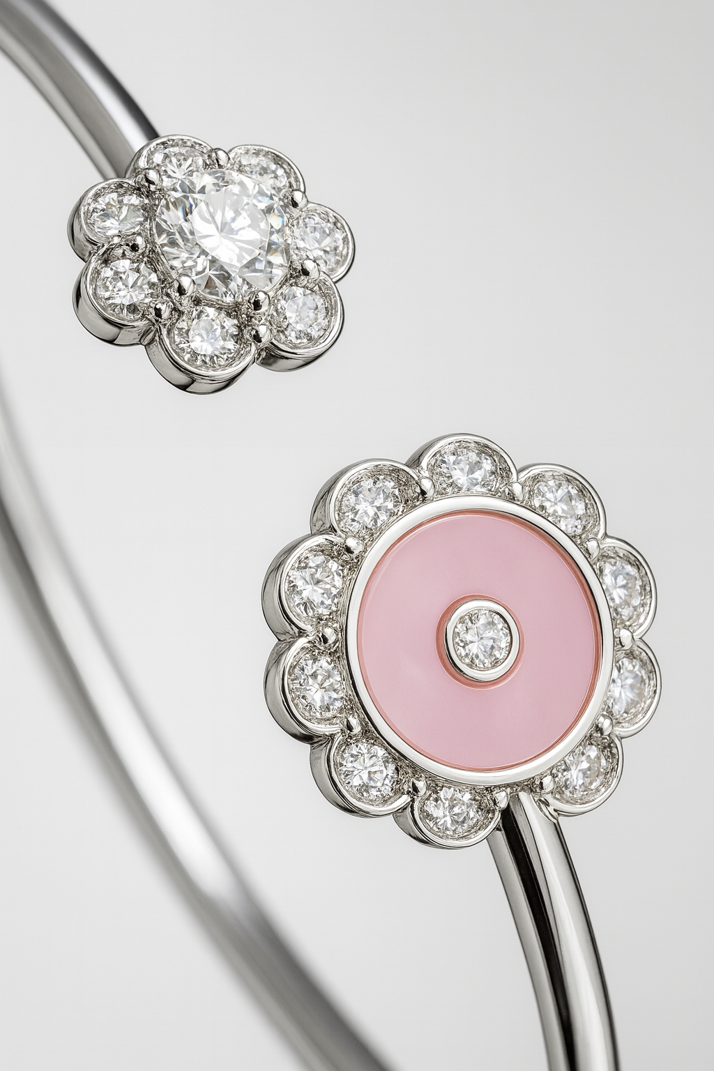 Pink Enamel Floral Open Cuff Bracelet in 925 Silver | Elegant Minimalist Flower