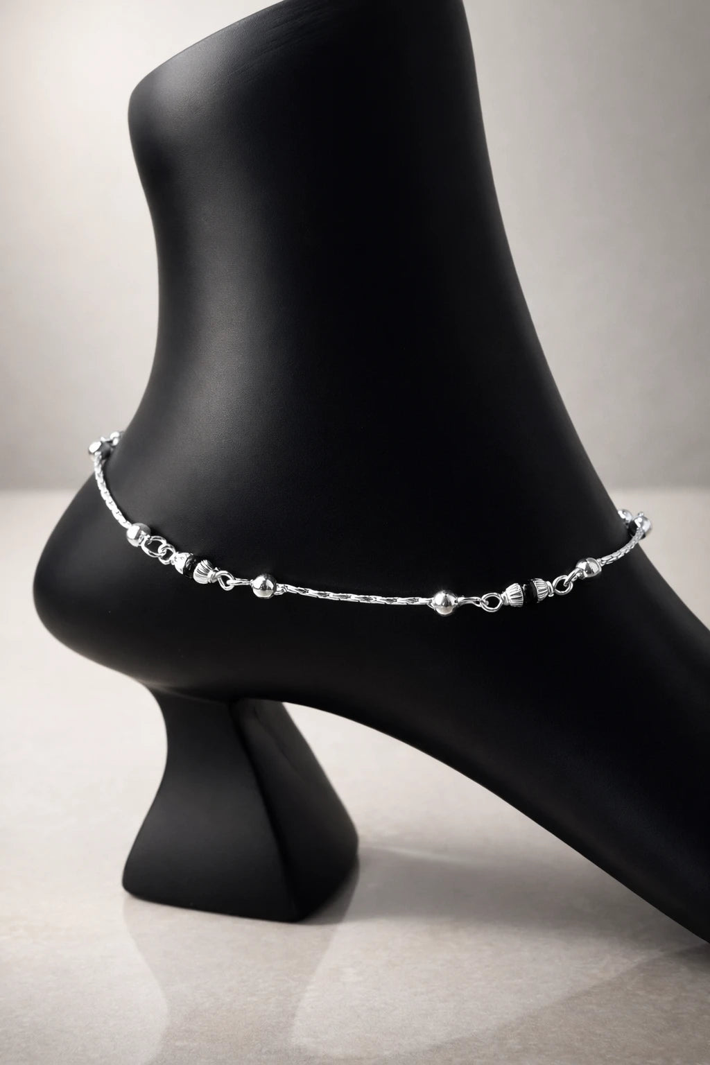 Midnight Thread Silver Anklet – Sleek Beaded Charms for Effortless Grace