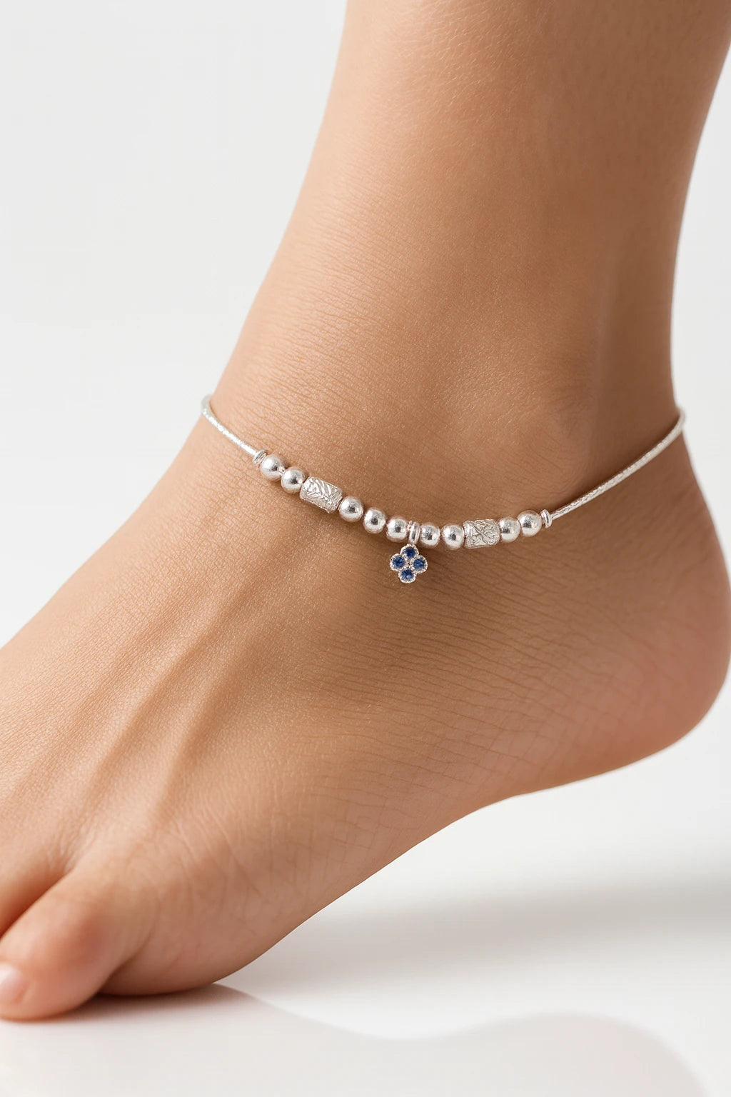 Blue Blossom Whisper Silver Anklet – Beaded Charm for Poised, Everyday Shine